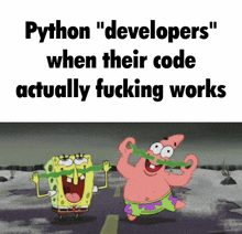 a cartoon of spongebob and patrick saying python " developers " when their code actually works