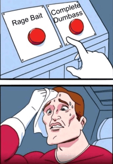 a cartoon of a man pressing rage bait and complete dumbass buttons