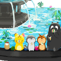 a group of cartoon animals are sitting in front of a waterfall