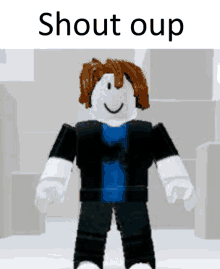 a roblox character with brown hair and a blue shirt is standing in front of a white wall .