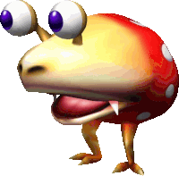 a red and yellow frog with purple eyes is standing on its hind legs on a white background