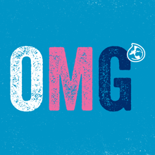 a blue background with the word omg in pink and blue