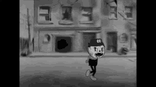 a black and white cartoon character is walking down a street .