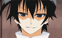 a close up of a anime character 's face with black hair and blue eyes