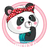 a panda wearing a red and white polka dot headband and a blue shirt says happy international women 's day