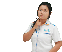 a woman wearing a white shirt that says ' bank indonesia '