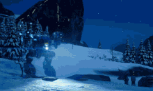 a robot is standing in the snow near a cave and trees