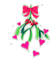 a drawing of mistletoe with a pink bow and hearts