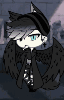 a boy with wings is smoking a cigarette in a gacha life game .