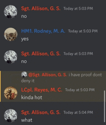 a screenshot of a conversation between sgt allison g.s. and hm1 rodney m.a.