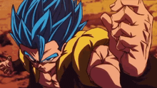 a person with blue hair and a yellow jacket