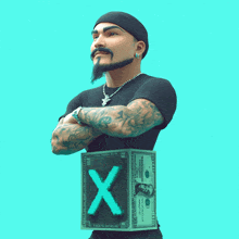 a man with a beard and tattoos holds a block of money with the letter x painted on it