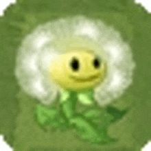 a cartoon flower with a face and white hair is sitting in the grass in a circle .