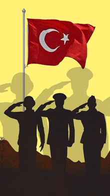 a group of soldiers salute in front of a flag with a crescent moon and star