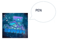 a speech bubble with the word pen above a picture of a robot