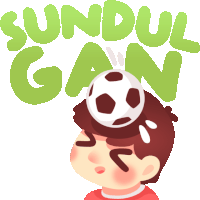 a cartoon of a boy with a soccer ball on his head and the words sundul gan behind him