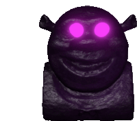 a statue of shrek with purple eyes and ears