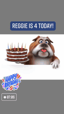 a cartoon dog is holding a birthday cake with candles on it