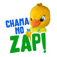 a yellow bird mascot holding a cell phone with the words chama no zap behind him