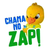 a yellow bird mascot holding a cell phone with the words chama no zap behind him