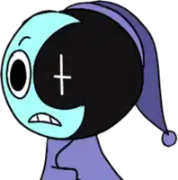 a cartoon character with a crescent moon and a cross on its face