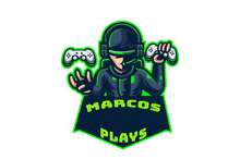 a logo for marcos plays shows a man wearing headphones and holding a video game controller