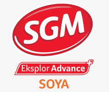 a red and white logo for sgm soya is shown