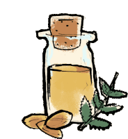 a drawing of a bottle with a cork and almonds and mint leaves