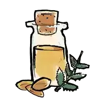 a drawing of a bottle with a cork and almonds and mint leaves