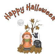 a pixel art of a girl in a pumpkin costume with the words " happy halloween " above her