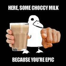 a duck is holding a glass of choccy milk and pointing at the camera .