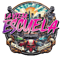 la vieja escuela logo with a skull and cars