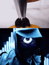 a person in a blue hood with a blue eye on their face