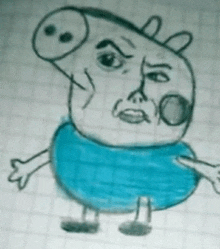 a drawing of a pig with a man 's face and arms and legs .