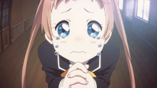 a girl with tears running down her face is wearing a school uniform