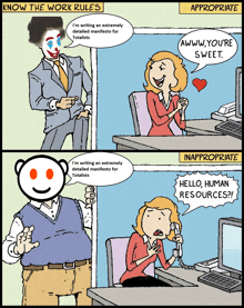 a cartoon shows a woman talking on a phone and a man with a reddit face on his face