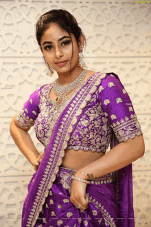 a woman in a purple blouse and purple saree poses for a photo