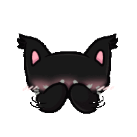 a cartoon drawing of a black cat with pink ears and a mustache