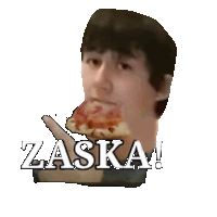 a man is holding a slice of pizza with the words zaska written below him