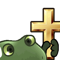 a frog is holding a gold cross in front of its face