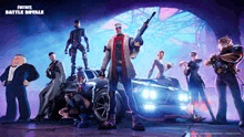 a group of people standing next to each other in front of a car in a video game .