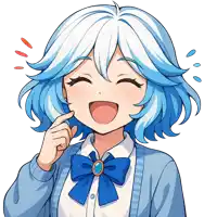 a girl with blue hair and a blue bow tie smiles