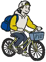 a man is riding a bike with a basket that says fiu on it