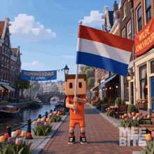 a boy holding a flag in front of a sign that says koningsdag 27 april