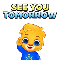 a cartoon character says see you tomorrow and is wearing a blue shirt with a crown on it