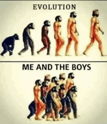 it shows the evolution of humans from monkeys to men and boys .