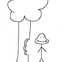 a black and white drawing of a stick figure standing next to a cloud