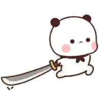 a cartoon panda bear is holding a sword in its paws .