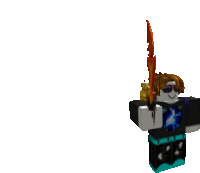 a roblox character is holding a sword with a lightning bolt on it 's head