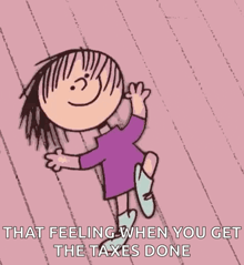 a cartoon girl in a purple dress is waving her hand .